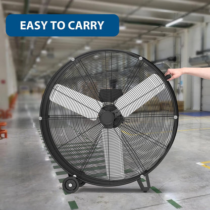 MilleLoom 30 in Industrial Drum Fan, 3-Speed High Velocity Floor Fan, Heavy Duty Metal Air Circulator with Caster Handle for Patios, Warehouses, Commercial, Factories and Workshops