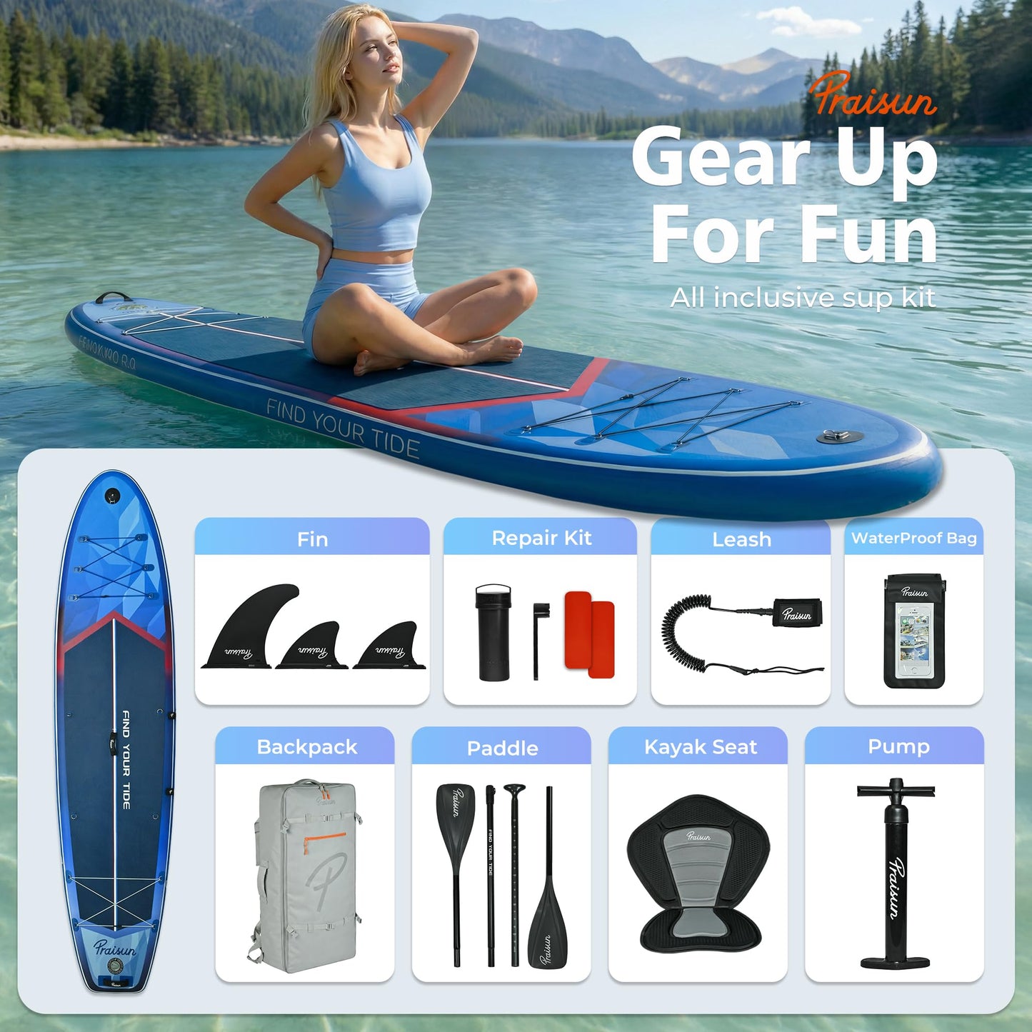 PRAISUN 12’ x 35” Inflatable Paddle Board, 450lbs Extra Wide Stand Up Paddleboard for Youth/Adults of All Skill Levels, Stable SUP with Seat & Full Kit, for Fishing, Yoga, Lake & Ocean, Blue