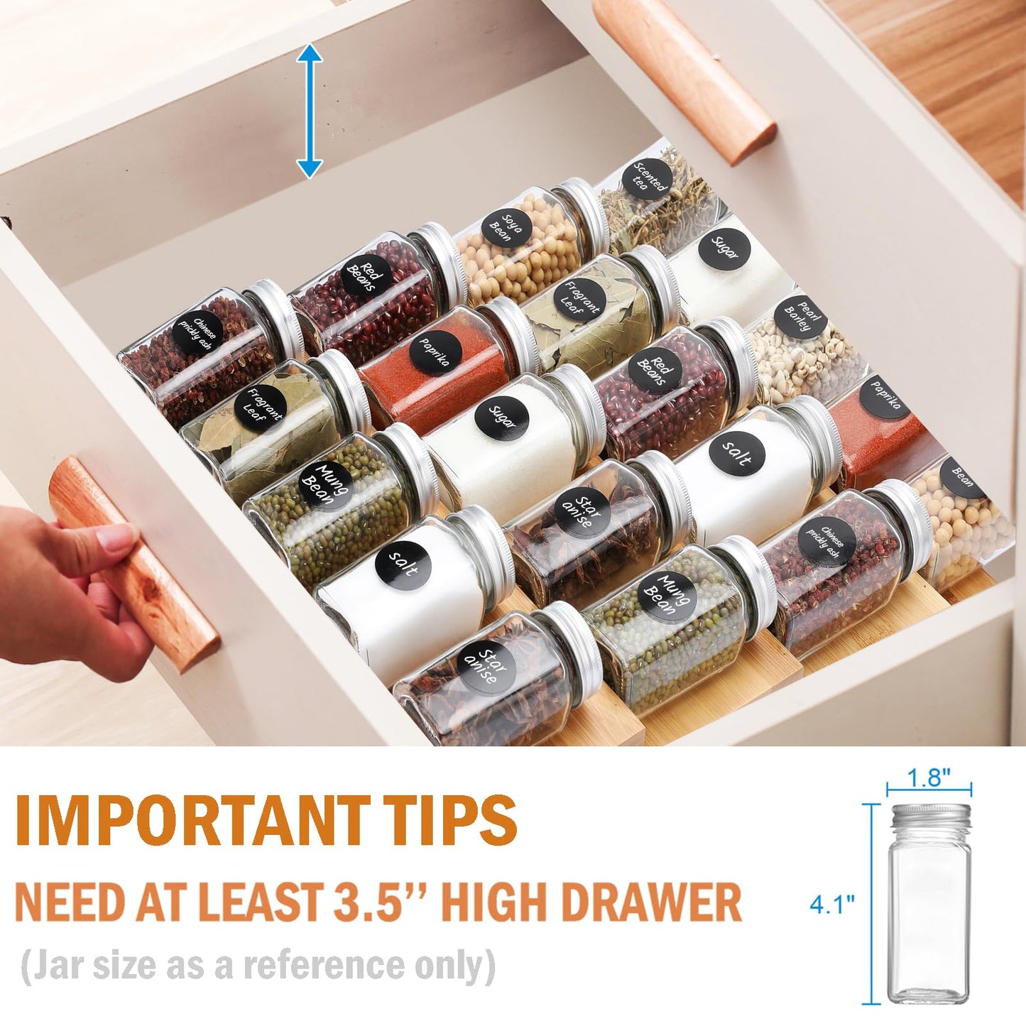 DEWVIE Bamboo Spice Drawer Organizer, 4 Tier In Drawer Spices Rack for Cabinet Drawer Expandable From 13" to 26", Stackable Seasoning Storage Organizer Insert