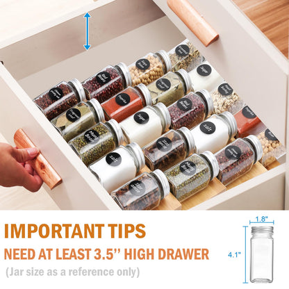 DEWVIE Bamboo Spice Drawer Organizer, 4 Tier In Drawer Spices Rack for Cabinet Drawer Expandable From 13" to 26", Stackable Seasoning Storage Organizer Insert