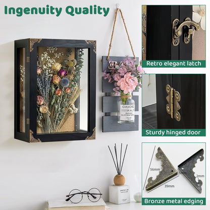 OIHYA Deep Shadow Box Frame, 11x15x5 Inch Black Solid Wood Wall Mounted Shadow Boxes Display Cases with Vintage Metal Door Lock, Clear Acrylic Panel for Flowers, Picture, Keepsake Display