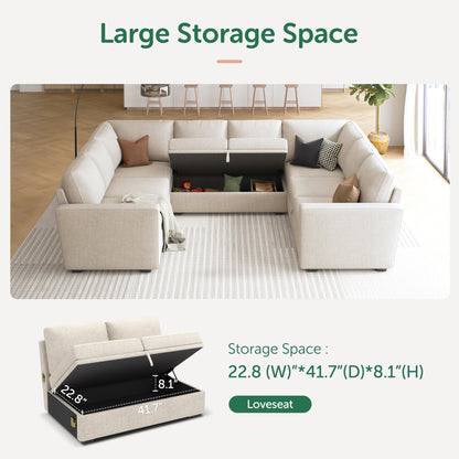 HONBAY Sleeper Sectional Couch with Pull Out Bed, Modular Sofa with Storage Seats, U Shaped Sectional Couches for Living Room, Beige