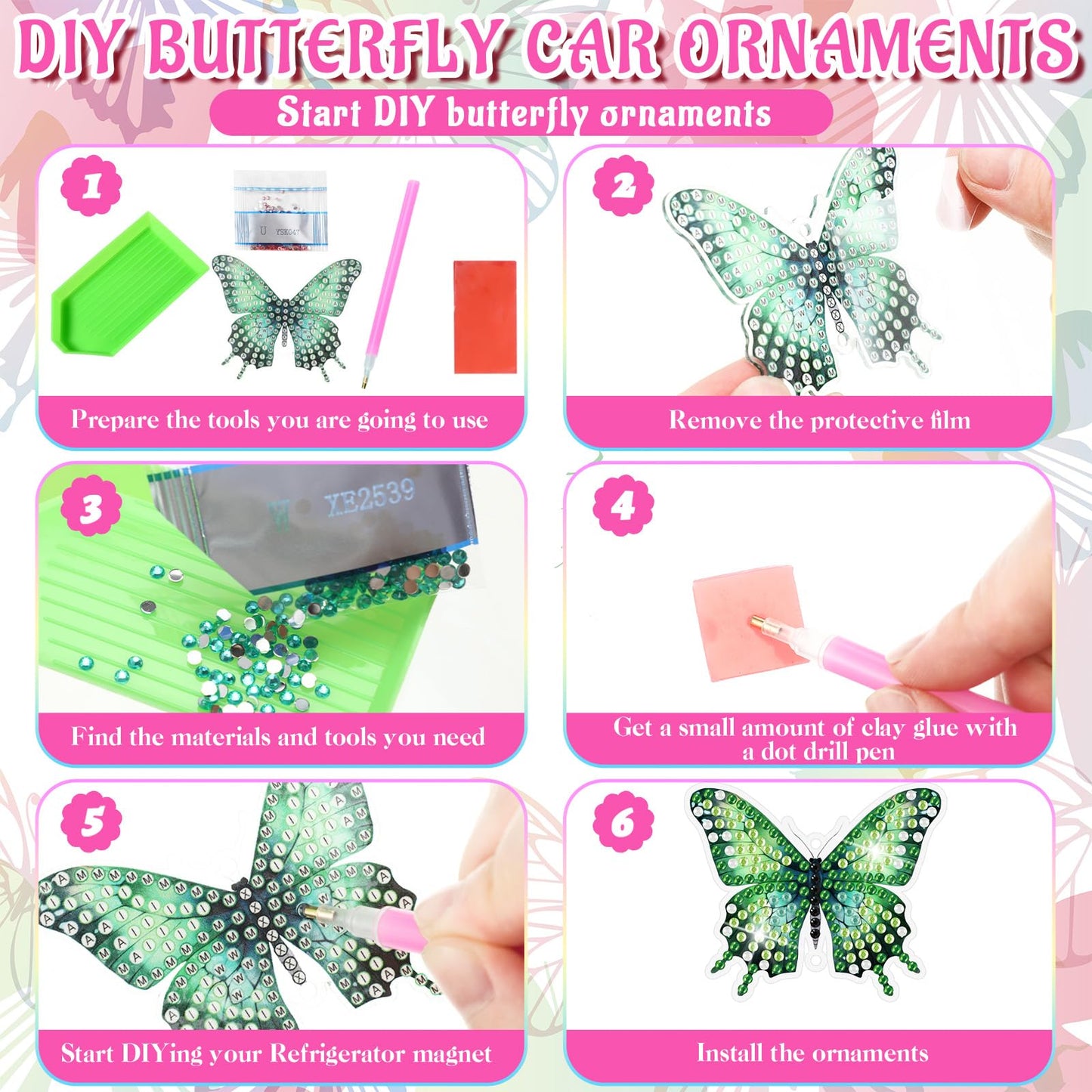 JenPen 12 Pcs Butterfly Diamond Art Kits Diamond Painting Car Ornaments Double Sided Butterfly Painting Keychain Hanging Ornament DIY Crafts Crystal Gem Paint for Adult Beginner Gifts