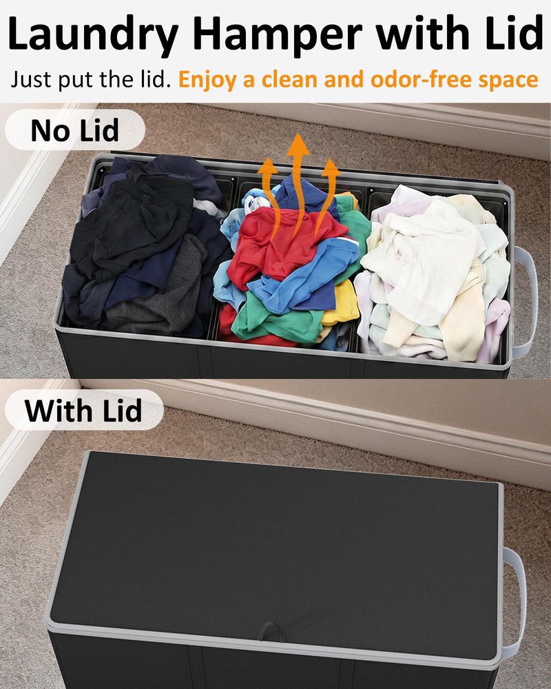 Optish 180L Laundry Hamper 3 Section, Large Laundry Hamper with Lid, Dirty Clothes Hampers with Handles, Laundry Basket Organizer for Laundry, Bedroom, Bathroom, Laundry Sorter Baskets, Black