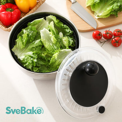 SveBake 5.3Qt Stainless Steel Salad Spinner with Stop Button, BPA-Free Vegetable Lettuce Spinner, Transparent Lid & Drainage Hole, Non-Slip Base, Dishwasher Safe Fruit Washer