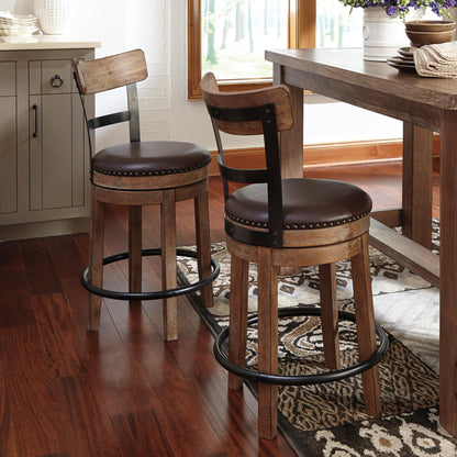 Signature Design by Ashley Pinnadel Bar Stool, Swivel Counter Height Stool Chair With Faux Leather Seat, Wood and Metal Frame for Kitchen Island With Seating, Light Brown