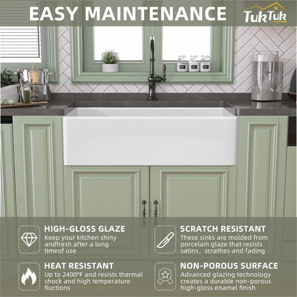 TUKTUK White Farmhouse Sink 30X20 inch Fireclay Farm Sink Apron Undermount Kitchen Sink Single Bowl Extra Wide Large Capacity Drop-in Modern Kitchen Sink with Luxury Bottom Grid & Strainer