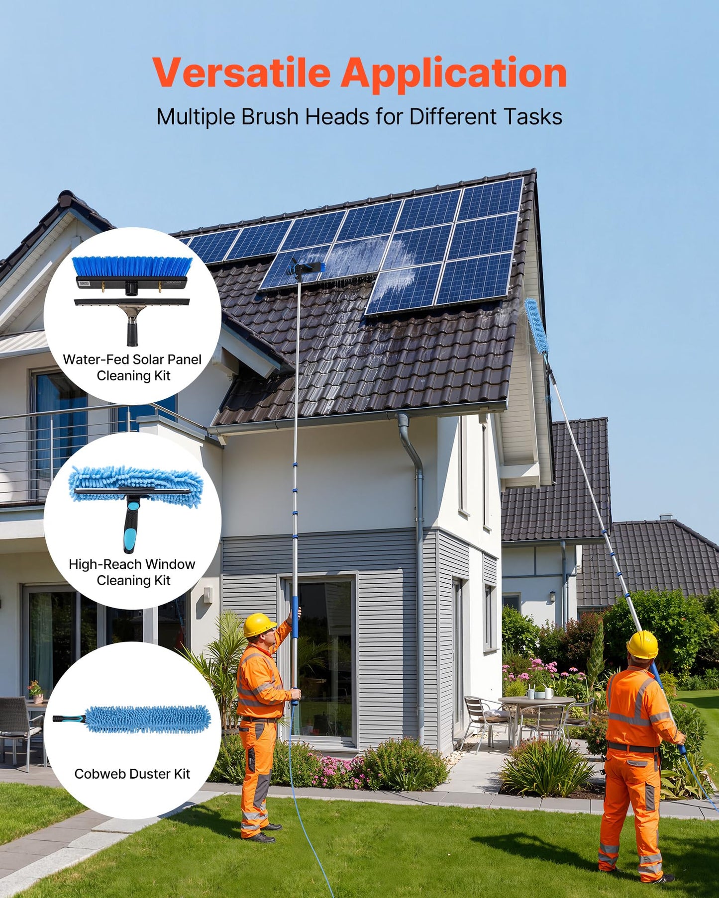 VEVOR Solar Panel Cleaning Kit, 26 ft, Water Fed Pole Kit with Cleaning Brush, Soap Dispenser, Extendable Aluminum Telescopic Pole, 180° Rotatable Brush Head, for Roof Mounted Solar Panels, Windows