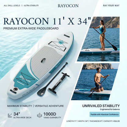 Inflatable Stand Up Paddle Board 11'×34" Extra Wide SUP, Ultra-Stable for Adults & Dog, 450lbs, Dual Chamber Pump, Fiberglass Paddle, Military Grade Dual Layer, Wild Bear Claw Polar Design Green