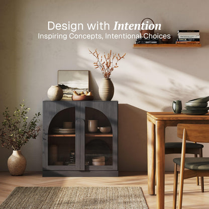 BELLEZE Bijou 31.5" Modular Sideboard Cabinet & TV Stand Console - Expandable Design w/Arched Glass Doors - Use Solo or Combine for Buffet, Living Room Media Center & Entryway - 70lbs Capacity, Ebony