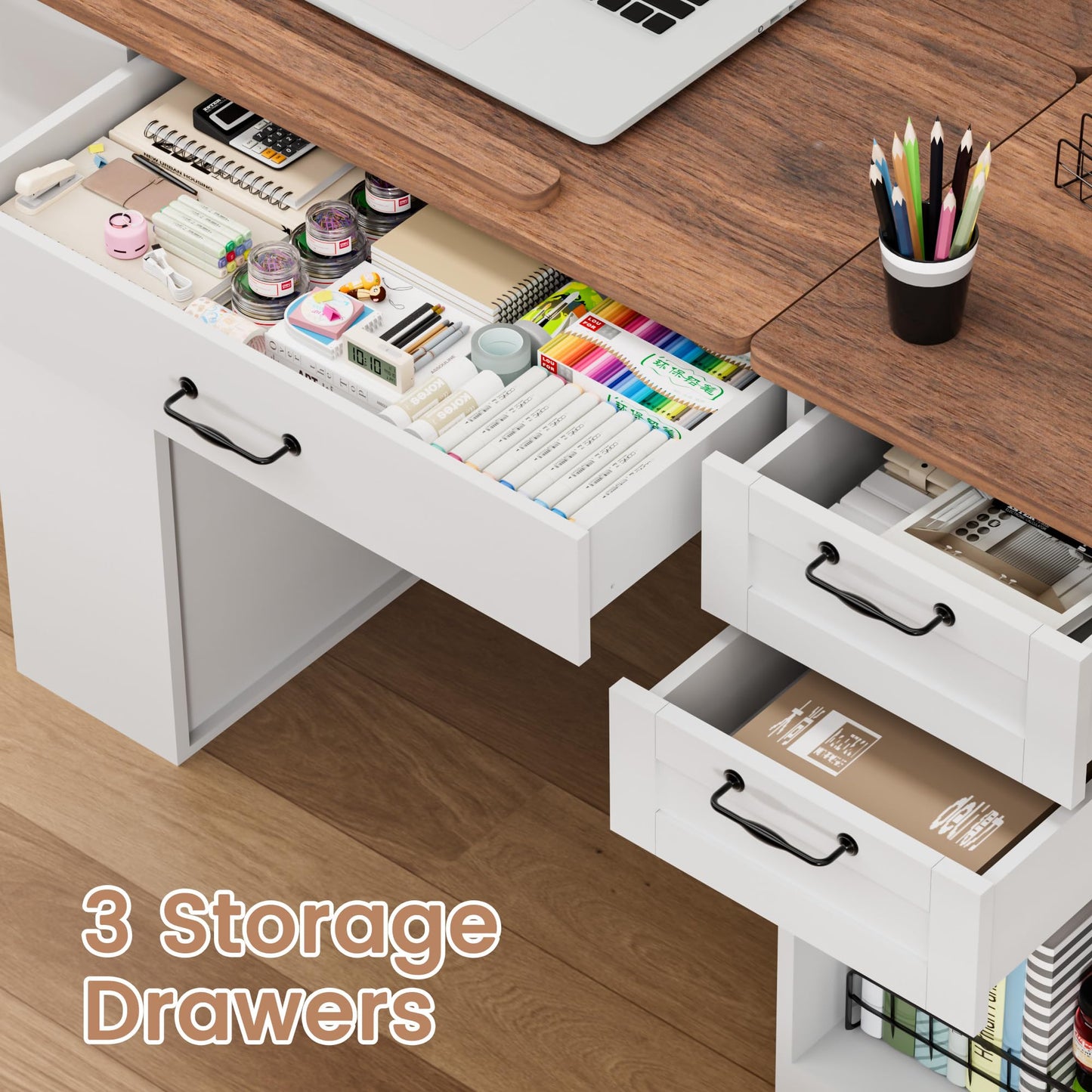 Smilets Crafting Table with Storage Cabinet & Drawers, Adjustable Drafting Table with Open Shelves, Drawing Computer Desk, Painting Desk, Workstation for Home Office Reading, Writing, Craftin