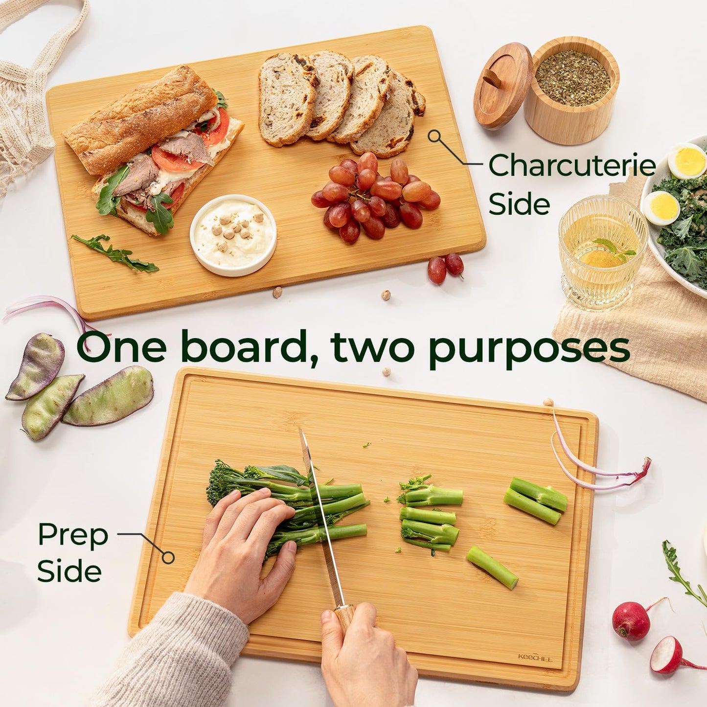 Keechee Cutting Board with Non-slip Mat, Bamboo Cutting Board for Kitchen Meal Prep & Serving - Wood Serving Board Set with Deep Juice Groove Ideal Kitchen Gifts
