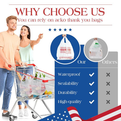 ACKO 1000 Count - Plastic T-shirt Bags with Handle, (11.5 x 6.5 x 21") 4 Gallon Thank You Bags for Grocery, Take Out, To Go, Retail Shopping Bag, Small Garbage Trash Bag for Home Office Kitchen