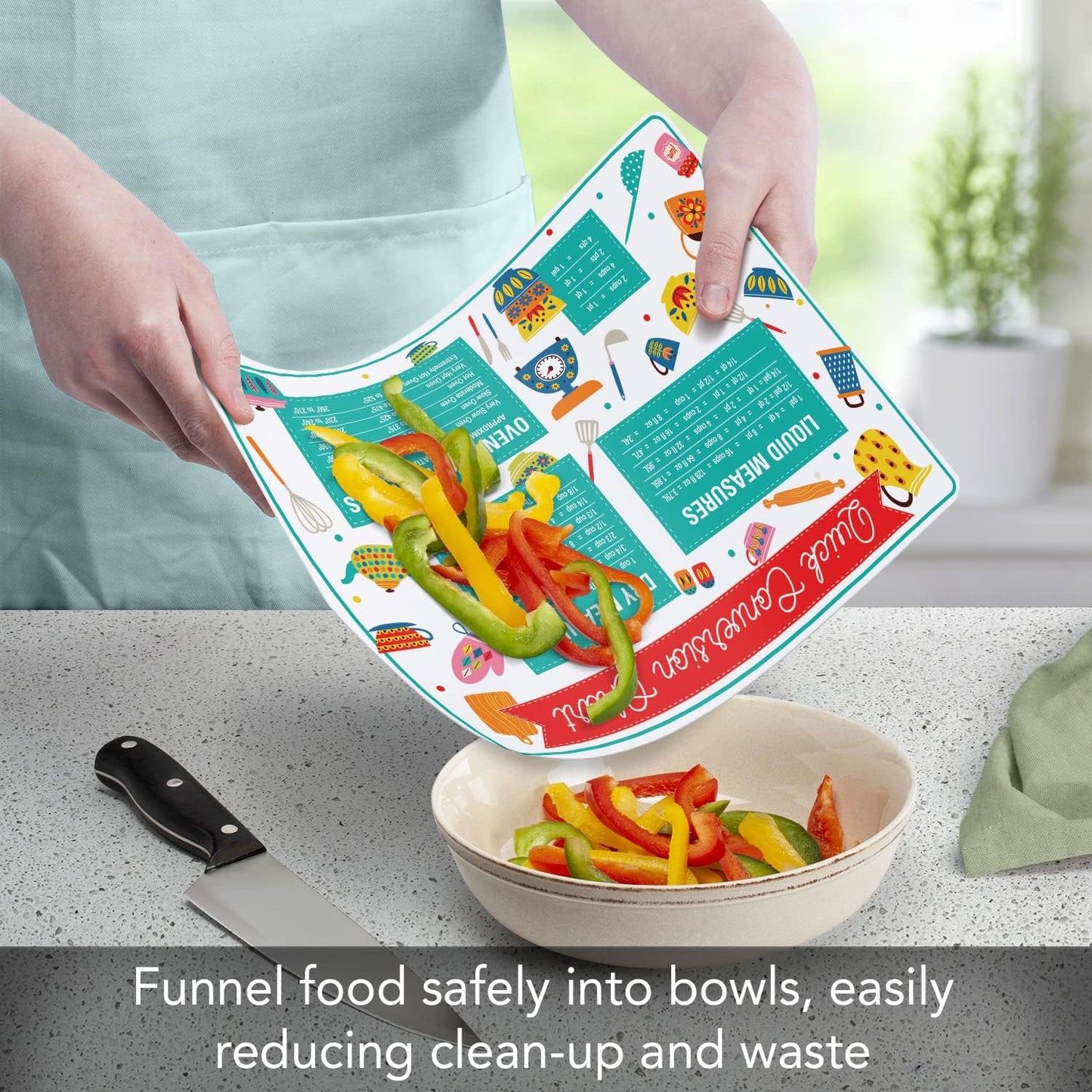 Cut N' Funnel Quick Conversion Measurement Chart on Flexible Cutting Board Mat, BPA Free, Made in the USA