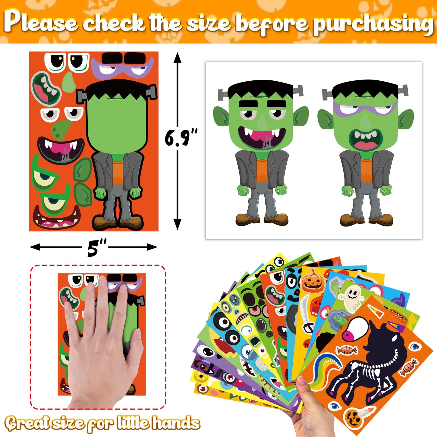 Moon Boat 70 Sheets Halloween Stickers Crafts for Kids, Make-a-Zombie/Pumpkin/Ghost/Monster/Skeleton/Spider/Vampire/Reaper/Witch/Mummy Face Activity Sticker Favors Bulk Party Supplies(Small Size)