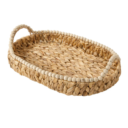 Gibson Home Riverrun Grove 17" Woven Decorative Serving Tray – Large Natural Water Hyacinth Basket w/Wood-Bead Trim & Handles for Coffee Table Décor, Ottomans, Centerpieces & Kitchen Counter Display