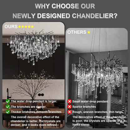 NIUZDU Chandeliers for Dining Room - 23.6" Modern Black Crystal Chandelier, Round Tree Branch Raindrop Chandelier, Foyer Chandeliers for Entryway, Living Room,Bedrooms,Bathroom(Bulb not Included)