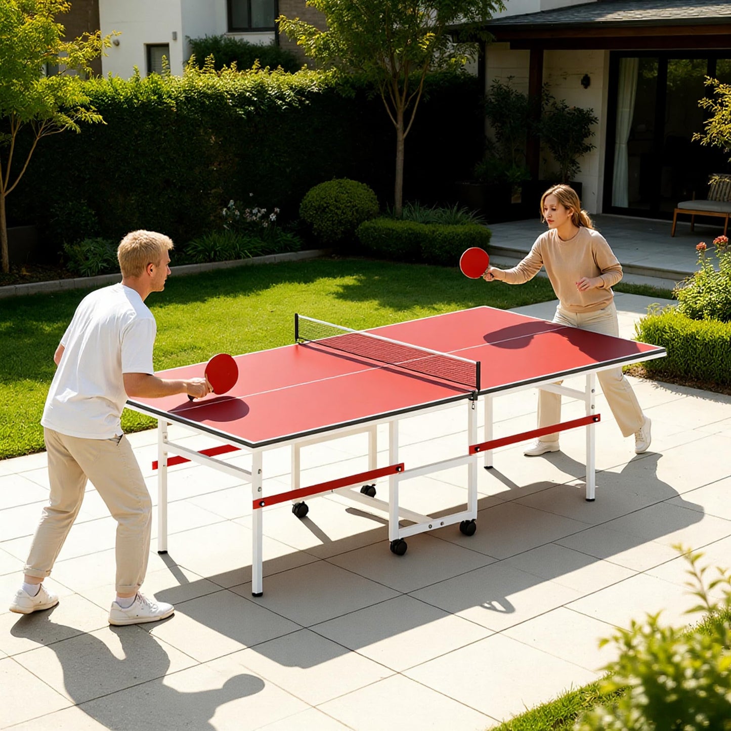8FT Table Tennis Table with Net, Indoor/Outdoor Professional Ping Pong Table for Kids Adults, Folding Ping Pong Table, Complete Set with Paddles and Balls, School Playground Game Table (Red)