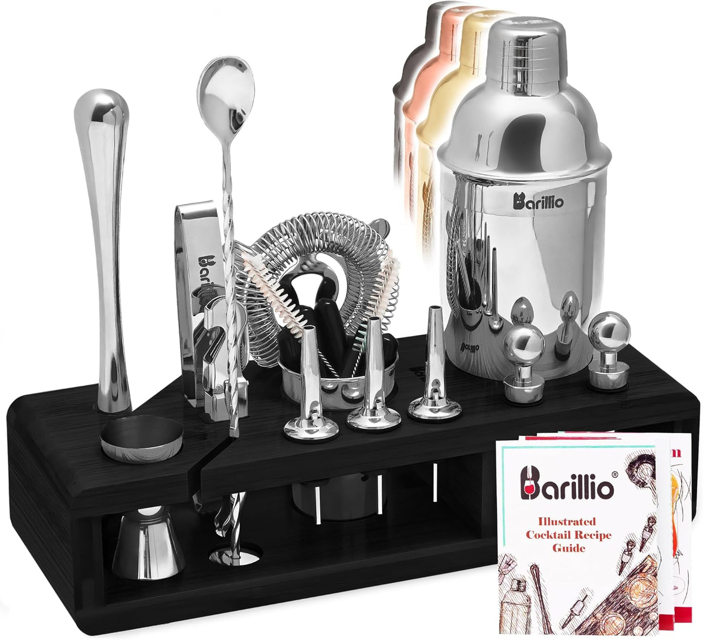Barillio Silver Bartender Kit - Stainless-Steel Cocktail Shaker Set with Black Bamboo Stand - 23-Pc Mixology Bar Tools