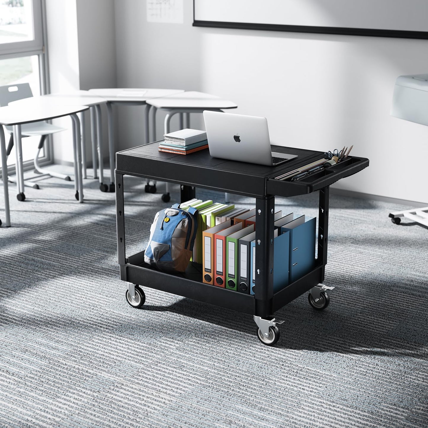 VEVOR Utility Cart, 550 lbs Load Capacity, 37 x 25.4-inch Service Cart, Two-Shelf Heavy Duty Plastic Utility Cart with 360° Swivel Wheels (2 with Brakes), Suitable for Warehouse, Garage, Cleaning
