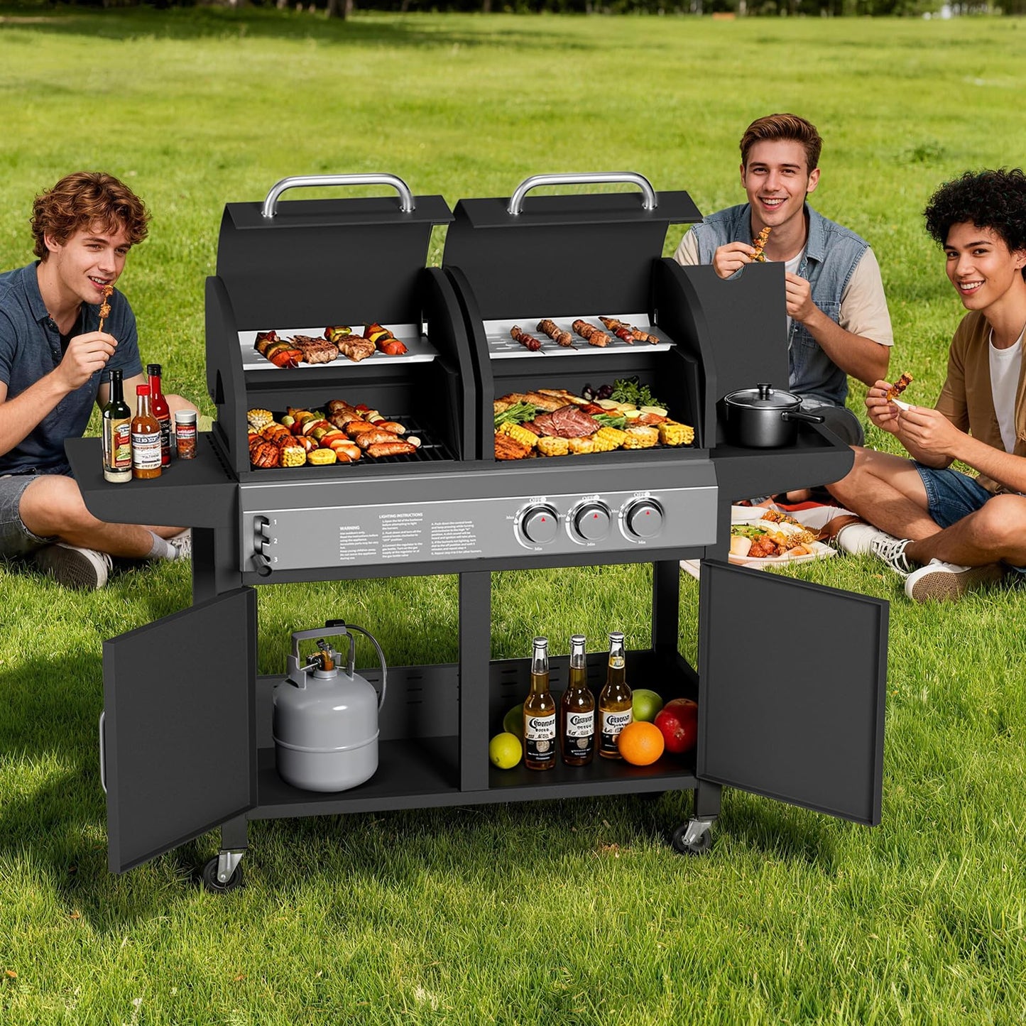 Garvee 3 Burner Propane Gas and Charcoal Grill Combo with Side Burner, Outdoor Dual Fuel Grill with Storage Cabinet for Patio & Party & Kitchen & Backyard Barbecue