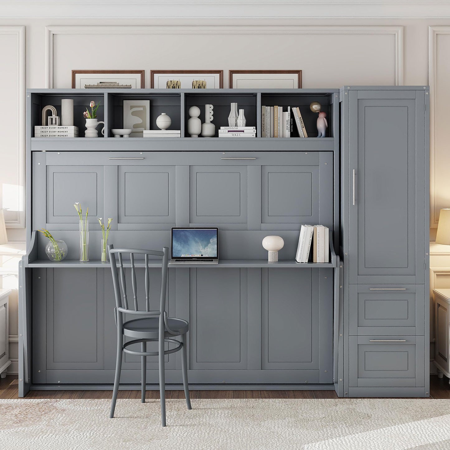Ball & Cast Murphy Bed Full Size with Five-Layer Cabinet,Solid Wood Storage Hidden Wall Bedframe,W/Folding Designed,Space-Saving,for Home Office,Study,Guest Room,Gray