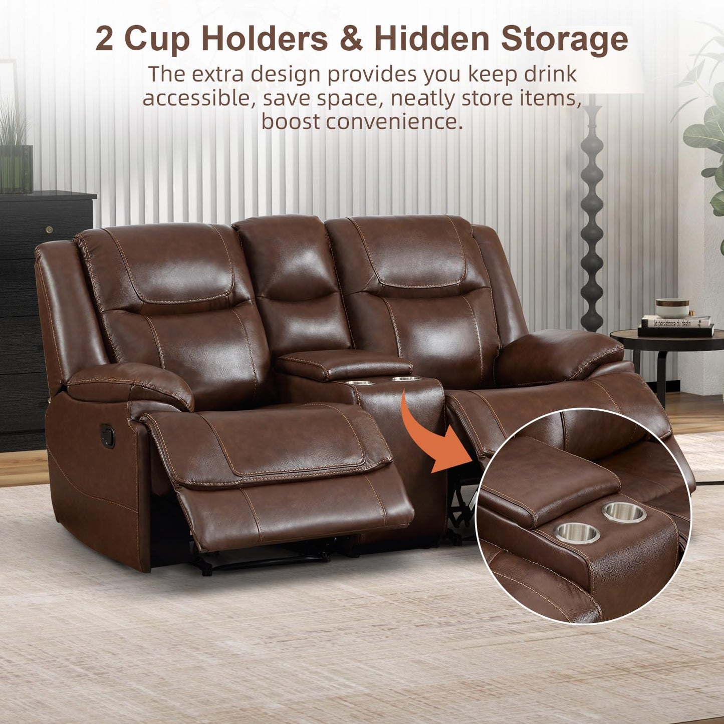 EBELLO Genuine Leather Manual Recliner Sofa Set, 1 Seat Reclining Chair, a Loveseat, a 3 Seater Sofa with Storage Cup Holders, Modern Durable Home Furniture Set for Living Room, Vintage Brown