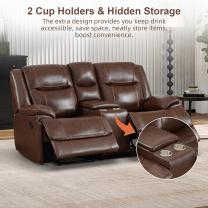 EBELLO Genuine Leather Manual Recliner Sofa Set, 1 Seat Reclining Chair, a Loveseat, a 3 Seater Sofa with Storage Cup Holders, Modern Durable Home Furniture Set for Living Room, Vintage Brown