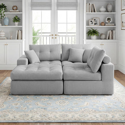 113-Inch L-Shaped Modular Corner Cloud Sofa Corduroy Tufted Foam Sectional with Deep Seat, 4 Pieces Compressed Boneless Sofa Couch with Movable Ottoman & 4 Toss Pillows
