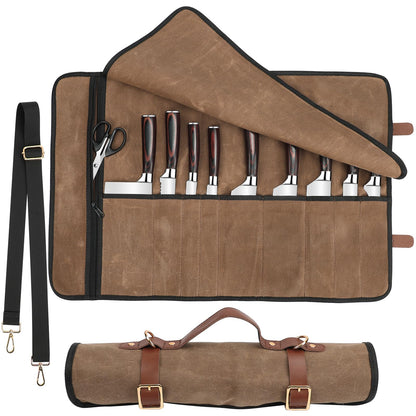 JOINDO Knife Roll with Leather Straps and Metal Buckles, Double Layer Waxed Canvas Knife Bag, Large Chef Knife Bag with Handle and Shoulder Strap