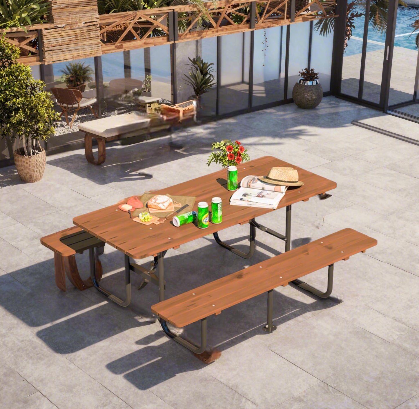 72" Rectangular Outdoor Picnic Table for 6 Person,Heavy Duty Wooden Dining Set with Built-in Benches,Metal Legs,1.97" Umbrella Hole,Waterproof&Corrosion-Resistant,Ideal for Garden, Backyard,Brown