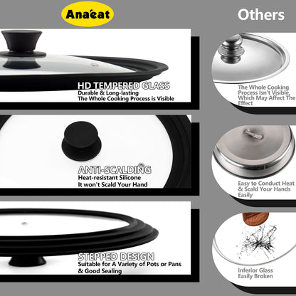 Anaeat Silicone Universal Lid for Pots, Pans and Skillets - Tempered Glass Covered with Heat Resistant Silicone Rim Fits 9.5", 10" and 11" Diameter Cookware -Easy to Use Replacement Frying Pan Cover