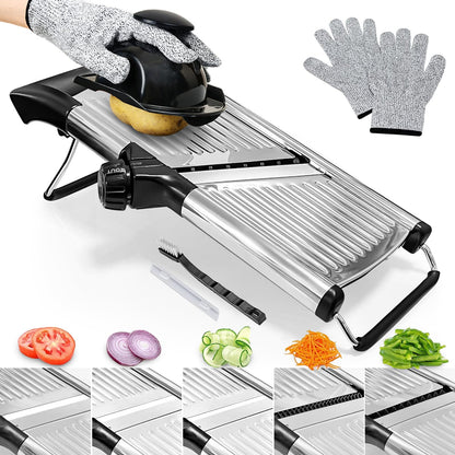 Mandoline Slicer, Mandoline Food Slicer for Kitchen, Mandolin, Vegetable Chopper, Veggie Slicer, Adjustable Stainless Steel Veggie Onion Tomato Julienne Cutter with 1 Pair Cut-Resistant Gloves
