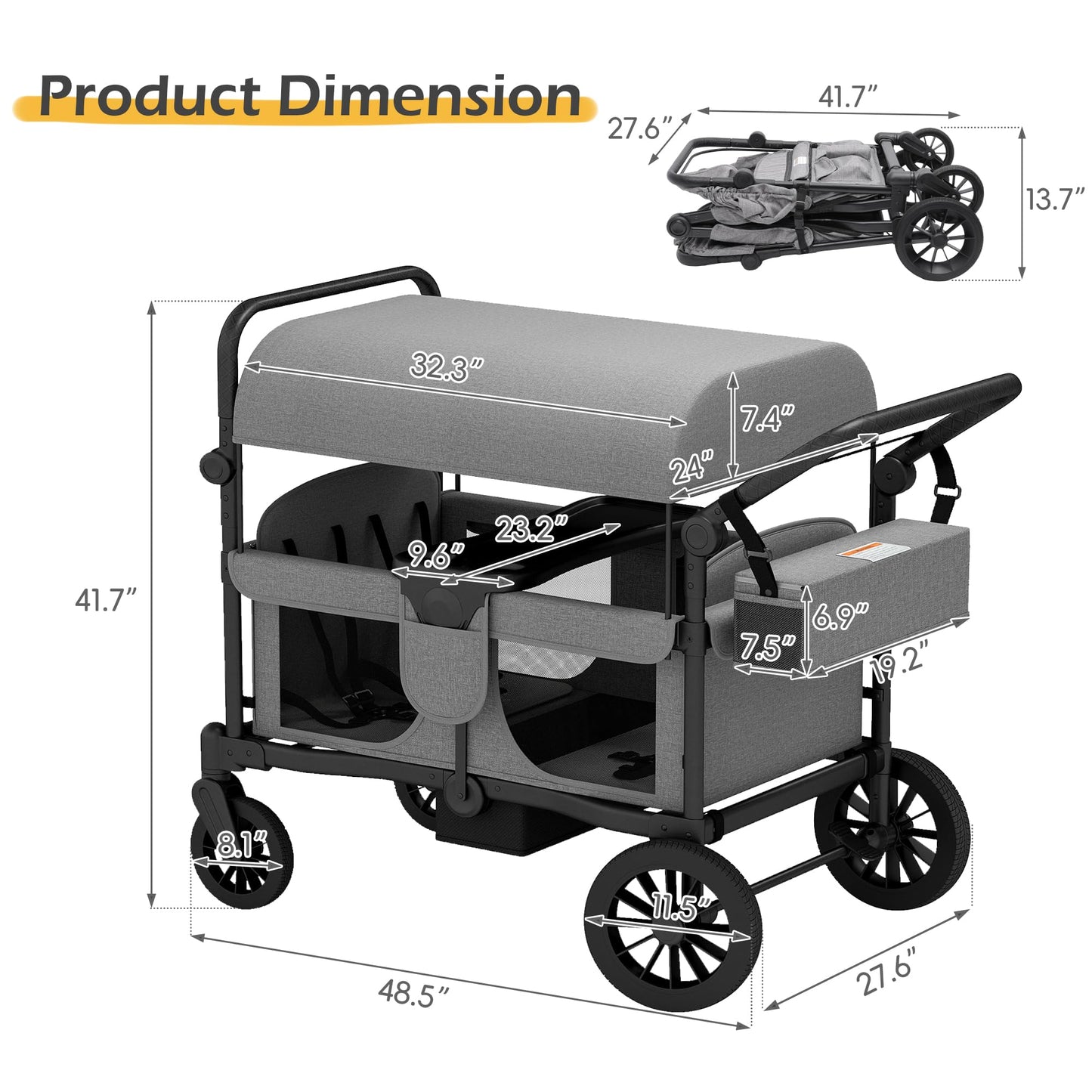 TOLEAD Wagon Stroller for 4 Kids, Foldable 4 Seats Outdoor Stroller Wagon with Canopy, Adjustable Handlebars, 5-Point Safety Harness, Detachable Tray, Portable Bag (Grey)