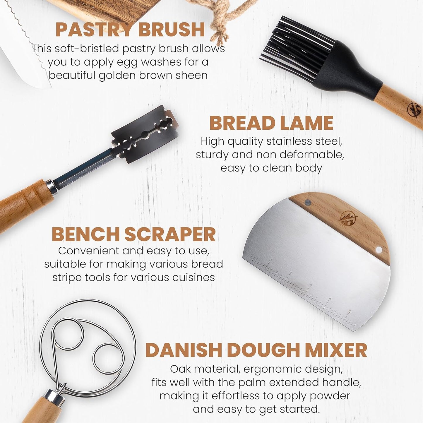 Danish Dough Whisk Kit for Sourdough, 4 Pcs Bread Making Tools with Whisk, Bench Scraper, Bread Lame & Brush