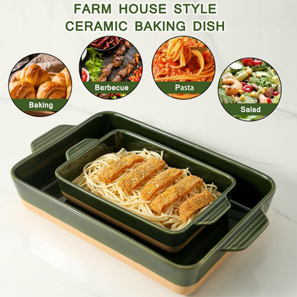 Howise Ceramic Baking Casserole Dish with Handles, Large 9x13 inch Pan and Middle Baking Pan - Porcelain Serving Bakeware Set (Forest Green)