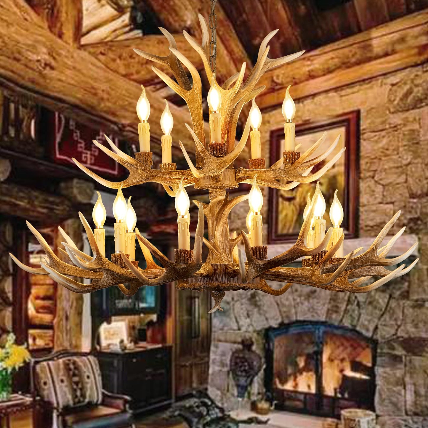 Fayelight Antler Chandelier Lighting,Large 2-Tier Deer Rustic Farmhouse Chandelier Light Fixtures for Dining Room Living Room Kitchen Island Bedroom Entryway Foyer (10+5 Lamp Arms + 3 Arms)