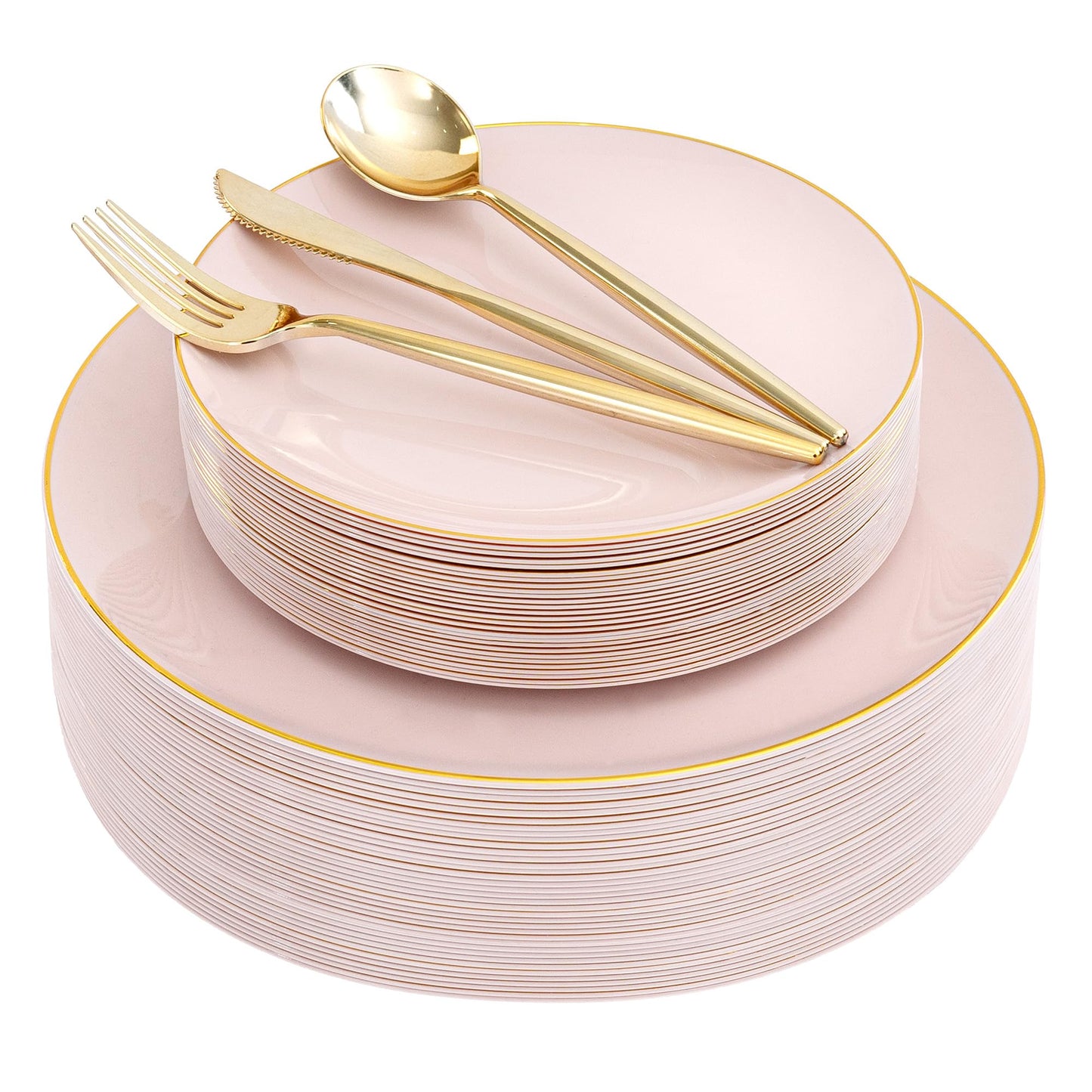 I00000 150 PCS Pink Plastic Plates for Party,Heavy Duty Pink Disposable Plates,Gold Dinnerware Set Include 30 Dinner Plates,30 Dessert Plates,30 Gold Plastic Silverware Set for Mother's Day