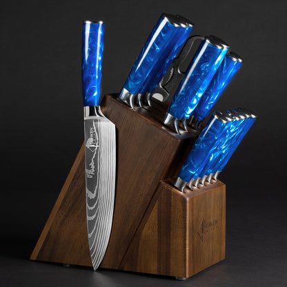 SENKEN 16-Piece Kitchen Knife Block Set - Japanese Chef's Knife Set with Laser Damascus Pattern, Includes 6 Steak Knives and Smoothly Finished Acacia Hardwood Knife Block (Blue Resin Handles)