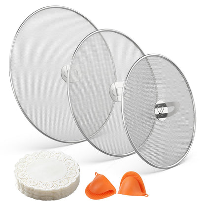SHAOKAOLU Splatter Screen for Frying Pan Set, 3 Pack (10", 11.5", 13") Stainless Steel Grease Splatter Guard with Foldable Handle, Fine Mesh Oil Splash Screen with Silicone Oven Mitts, Dishwasher Safe