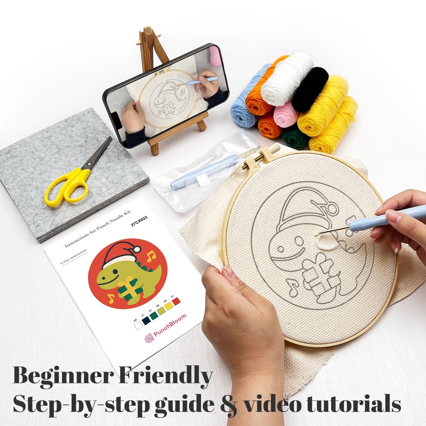 Christmas Punch Needle Kit for Adult Beginner, Easy Punch Embroidery Starter Set with Instruction, Fun DIY Needle Point Craft for Home Decor & Holiday Gift Idea(2pcs Dino & Penguin)