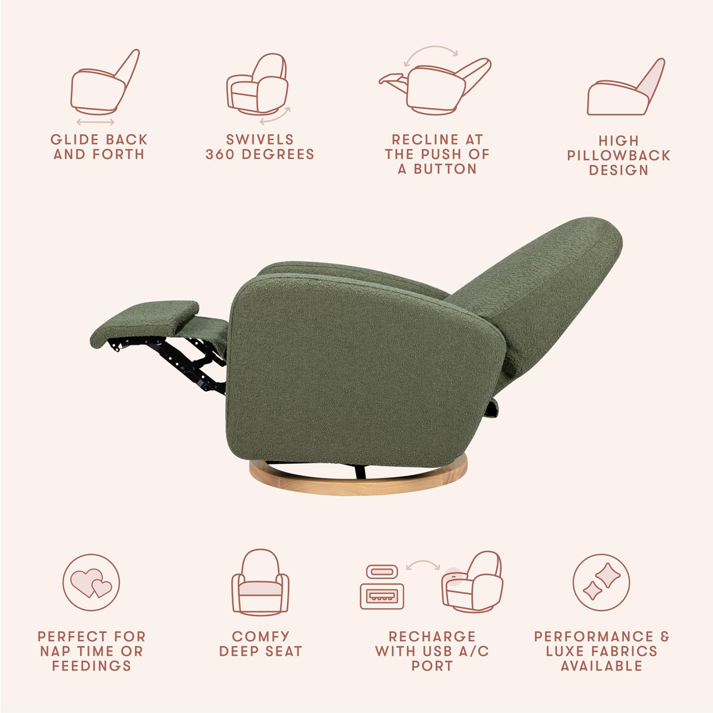 Babyletto Nami Electronic Power Recliner and Swivel Glider with USB Port in Olive Boucle with Light Wood Base, Water Repellent & Stain Resistant, Greenguard Gold and CertiPUR-US Certified