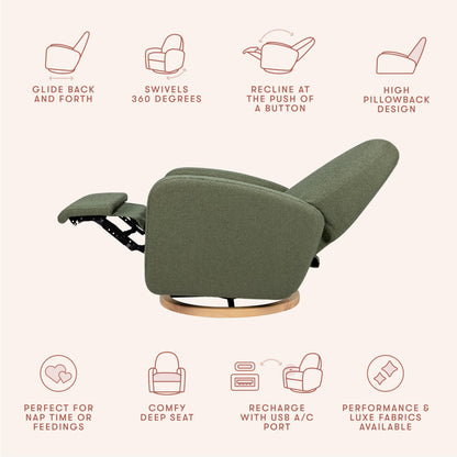 Babyletto Nami Electronic Power Recliner and Swivel Glider with USB Port in Olive Boucle with Light Wood Base, Water Repellent & Stain Resistant, Greenguard Gold and CertiPUR-US Certified