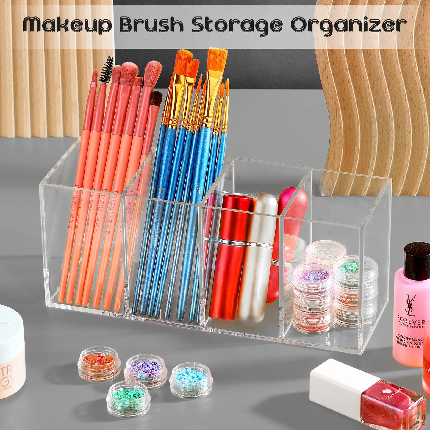 Pajean 4 Pack Acrylic Pen Pencil Holder - 4 Compartments Clear Pencil Pen Holder Organizer - Makeup Brush Holder Acrylic Pencil Organizer Cup for Office Home Supplies Desk Accessories