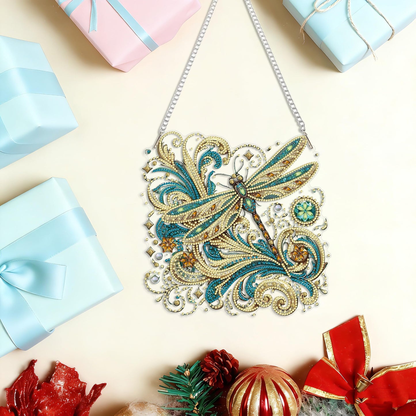 LPDJITO Dragonfly Diamond Painting Kits Hanging Pendant, Flower & Dragonfly Crystal Diamond Art Hanging Sign, Double-Sided Pattern Craft Ornament for Home Decoration and Gift