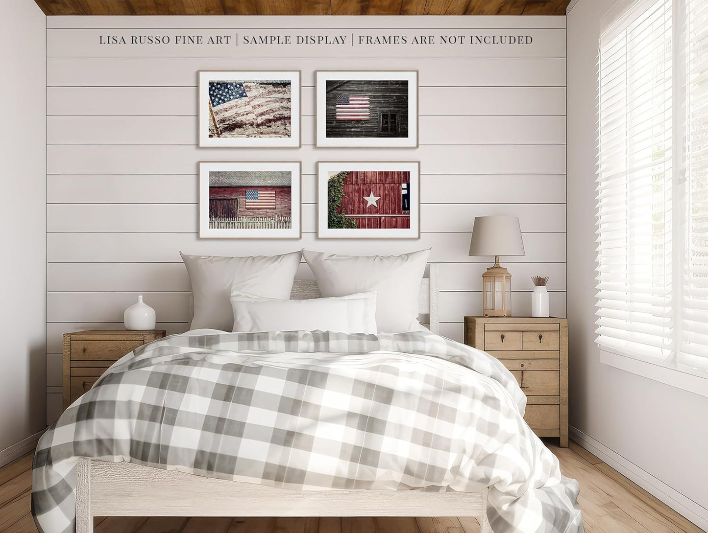 Rustic Farmhouse Decor - Patriotic Barns with American Flags - Set of 4 8x10” Prints - Americana USA Country Pictures