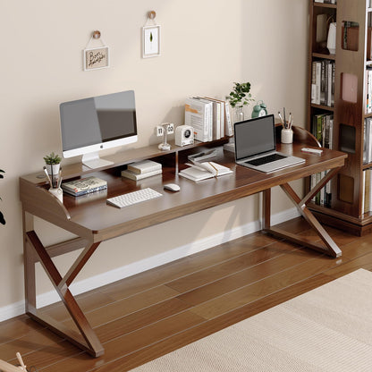 OSCHF Long Desk with Monitor Stand - 71" Double Long Computer Table for 2-Person Workstation, Large Writing Study Work Desk for Home and Office, Walnut