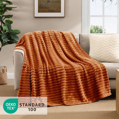 Geniospin Throw Blanket for Couch, Bed, Sofa – 280GSM Super Soft Lightweight Blanket with Stripe, 3D Ribbed Jacquard Blanket, Plush Fuzzy Cozy Throws, Warm and Breathable (Burnt Orange, 50x60 inches)