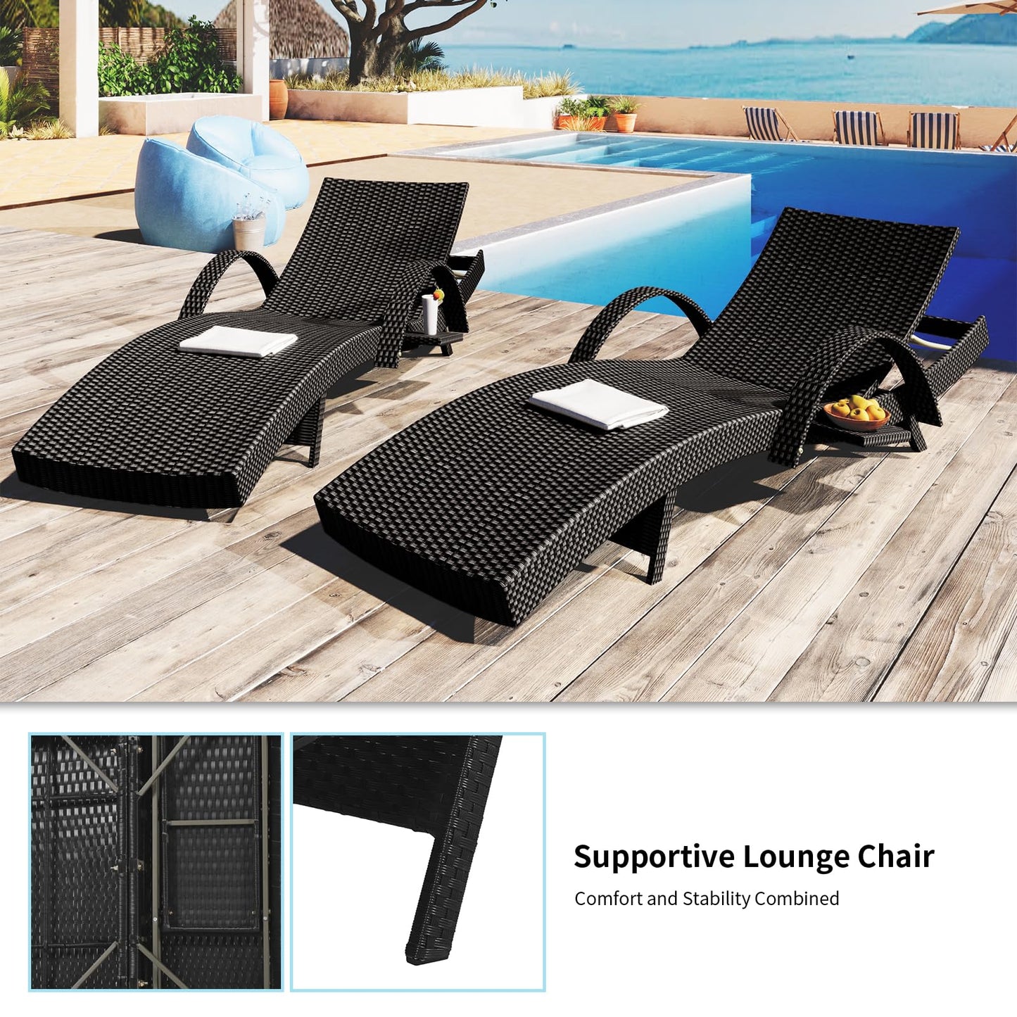 Sereniet 80.3" Outdoor Wicker Chaise Lounge Set of 2, with Pull-Out Side Table, Adjustable Pool Lounge Chairs, Patio Loungers for Balcony, Deck, or Backyard (Black)