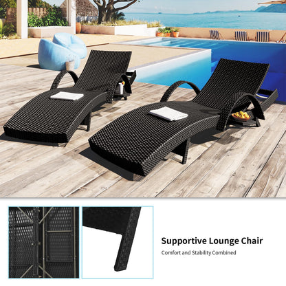 Sereniet 80.3" Outdoor Wicker Chaise Lounge Set of 2, with Pull-Out Side Table, Adjustable Pool Lounge Chairs, Patio Loungers for Balcony, Deck, or Backyard (Black)